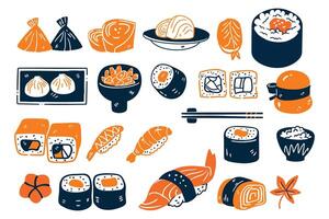 japansk mat uppsättning platt stil isolerat på bakgrund vektor