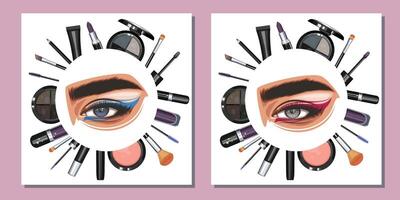 bunt Damen Augen mit bilden. Auge bilden Nahaufnahme. Schönheit Salon Sozial Medien Design Layout Vorlage. Schönheit Salon Banner Vorlage. handgemalt Vektor Illustration weiblich Augen Satz.