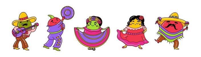 cinco de mayo mexikansk Semester hälsning kort design söt rolig avokado och chili peppar tecken. ljus traditionell latinamerikan kläder och klänningar för musik festival. sombrero, gitarr, dansare vektor