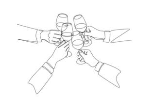 kontinuierlich einer Linie Zeichnung von Hände von Geschäftsleute Klirren Brille von Wein, Geschäft Treffen oder Sozial Versammlung Konzept, Single Linie Kunst. vektor