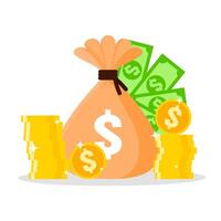 Geld Tasche Vektor Illustration. Symbole von Dollar und Gold Münzen gestapelt auf Weiß Hintergrund. Sack von Geld, Geschäft, Finanzen, profitieren und Zahlung.