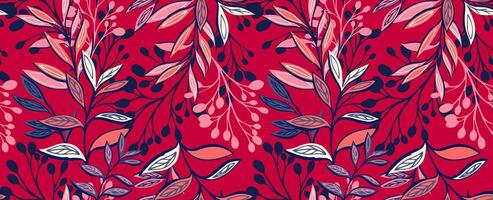 nahtlos Muster mit abstrakt, modern Geäst Blätter Stiele. kreativ tropisch Blumen- Hintergrund auf ein rot Hintergrund. Vektor Hand gezeichnet Illustration. Vorlage zum Design, Textil, Drucken, Mode