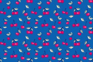 abstrakt stilisiert Kirsche nahtlos Muster auf ein Blau Hintergrund. Sommer- rot Beeren, Blätter, Hintergrund Drucken. Vektor Hand gezeichnet Früchte Illustration. Collage zum Design, Drucken, gemustert