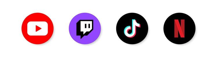 Sozial Medien App Symbol. Youtube, zucken, Tick Tack, Netflix Anwendung Logotyp. Streaming Plattform. Uhr Video, seriell, Film. redaktionell Marke. Vektor Illustration.