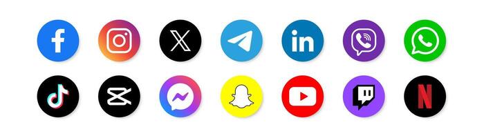 social media logotyp. Facebook, Instagram, Twitter, telegram, linkedin, viber, whatsapp, Tick tack, capcut, budbärare, snapchat, Youtube, rycka till, Netflix logotyp. populär redaktionell app. vektor