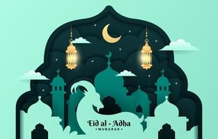 lyx eid al Adha islamic bakgrund med moské och lykta vektor