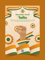 Indien Unabhängigkeit Tag Poster mit dreifarbig wellig Flagge vektor