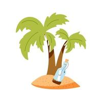 Palme und Flasche mit einer Nachricht auf einem weißen Hintergrund. handgezeichnete Vektorgrafik. einsame Insel, Piratenkonzeptdesign. vektor