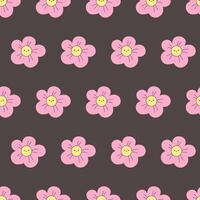 süß nahtlos Muster mit Rosa kawaii Blumen auf schwarz Hintergrund. Vektor Illustration im Koreanisch, japanisch Stil zum druckt und Drucken