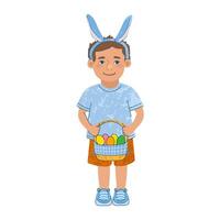 vektor färgrik illustration av söt liten pojke med ägg korg isolerat på vit bakgrund