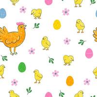 vektor färgrik sömlös bakgrund med illustrationer av påsk ägg, kyckling, blommor och växter