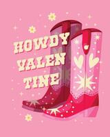 en par av rosa cowboy stövlar dekorerad med hjärtan och stjärnor och en hand text meddelande hur alla hjärtans dag. romantisk färgrik hand dragen vektor illustration i ljus vibrerande färger.