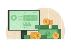 Stapel von Kasse Geld und Desktop Computer mit Handel Graph Bericht zum online Investition Konzept Illustration vektor