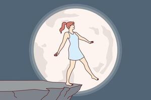 kvinna upplevelser mardröm på natt, föreställa faller av klippa under full måne vektor