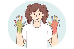 liten positiv flicka demonstration händer målad med färgrik målarfärger med uttryckssymboler. vektor bild