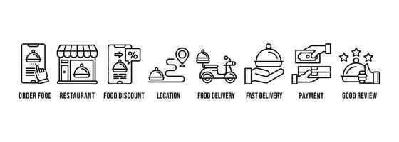 mat leverans ikon vektor illustration för mobil app för beställa mat, mat rabatt, restaurang, plats, mat leverans, snabb leverans, betalning och Bra recension