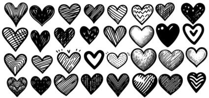 hand dragen svart klotter klottra rader konst ikon annorlunda hjärtan form element samling vektor