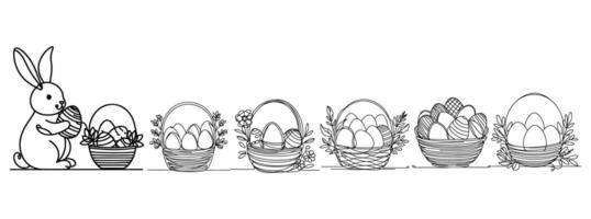 einer kontinuierlich Hand Zeichnung schwarz Linie Kunst Korb, Ostern Ei, Hase, Kinder, Gekritzel dekoriert. Design zum Hase Ostern Ei Gliederung Stil Vektor