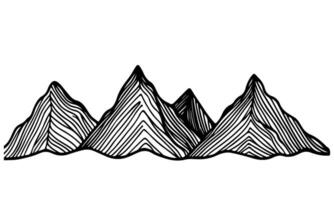 teckning berg med skog tall träd landskap svart linje skiss konst hand dragen linjär stil vektor illustration