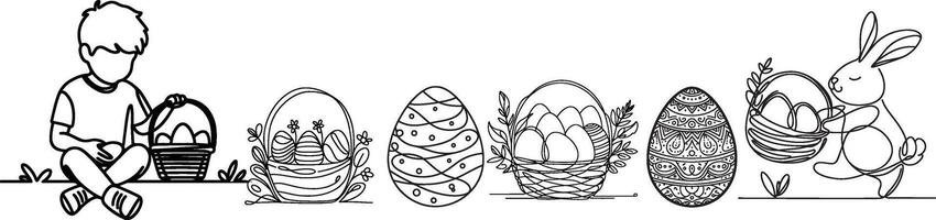 ett kontinuerlig hand teckning svart linje konst korg, påsk ägg, kanin, ungar, klotter dekorerad. design för kanin påsk ägg översikt stil vektor