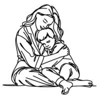 skiss mor kramas små barn. enda ett svart linje teckning kvinna varelse kramade förbi henne barn vektor illustration