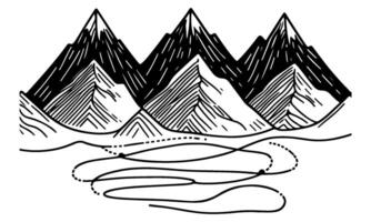teckning berg med skog tall träd landskap svart linje skiss konst hand dragen linjär stil vektor illustration