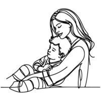 skizzieren Mutter umarmen klein Kind. Single einer schwarz Linie Zeichnung Frau Sein umarmt durch ihr Kinder Vektor Illustration