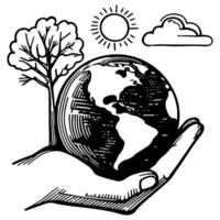 eco jord planet ikon klotter svart cirkel av klot värld miljö dag hand dra översikt logotyp begrepp vektor illustration