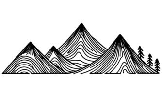 teckning berg med skog tall träd landskap svart linje skiss konst hand dragen linjär stil vektor illustration