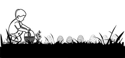 glücklich Ostern Ei Tag mit Kinder, Hase. Hase und schwarz Gras Silhouette nahtlos auf transparent Hintergrund vektor