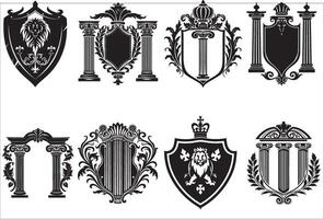 heraldisk skydda, årgång skydda med olika element på en vit bakgrund vektor
