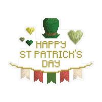 Lycklig st patrick dag vektor illustration. flaggor, hjärtan, pyssling hatt. pixel konst klistermärke