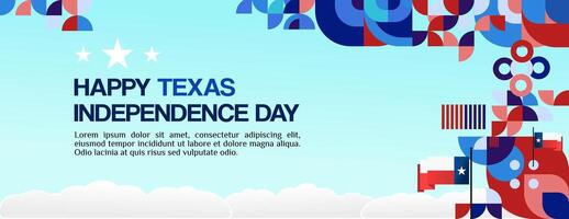 Texas Unabhängigkeit Tag Banner im bunt modern geometrisch Stil. glücklich National Unabhängigkeit Tag Gruß Karte Startseite mit Typografie. Vektor Illustration zum National Urlaub Feier Party