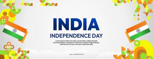 indisch Unabhängigkeit Tag Banner im bunt modern geometrisch Stil. glücklich National Unabhängigkeit Tag Gruß Karte Startseite mit Typografie. Vektor Illustration zum National Urlaub Feier Party