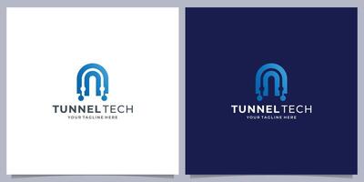 tunnel tech logotyp design, begrepp design med teknologi punkt ansluta form med lutning Färg branding inspiration. vektor
