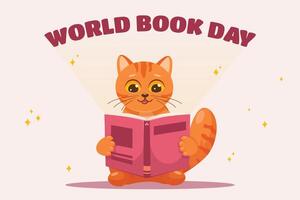 Welt Buch Tag, süß Katze Lektüre. Vektor süß komisch Nerd Orange rot Katze lesen Buch Haustier Karikatur Zeichnung Vektor