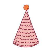 Geburtstag Party Hut im hell Farbe mit Pompon über. Party Kegel und Weihnachten Deckel mit süß Dekoration. einfach Vektor bunt Gekritzel mit Hand gezeichnet Gliederung isoliert auf Weiß Hintergrund.