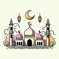 en vibrerande illustration av en moské med linje konst stil och platt Färg, perfekt för ramadan, eid, och islamic händelse vektor