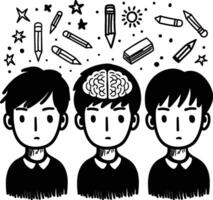 ein Jungs Zeichen Kopf umgeben durch Symbole von Bücher, Bleistifte, Lineale, und mehr, illustrieren ein platzen von Kreativität, Ideen, und Vorstellung. vektor