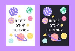 Raum Poster mit süß Planeten im das Karikatur Hand gezeichnet Stil mit Zitat Briefnig. Vektor Illustration