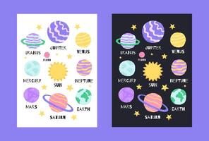 Raum Poster mit süß Planeten im das Karikatur Hand gezeichnet Stil. Vektor Illustration