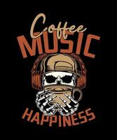 kaffe plus musik jämlikar lycka kaffe kärlek skalle t-shirt design vektor