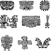 Vektor einstellen von einfarbig indisch Symbole. National Ornament von einheimisch Amerikaner, Azteken, Maya, Inkas.