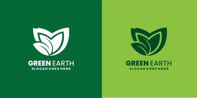 Grün Erde Logo Design mit Baum Blatt Globus Vektor Symbol Design Vorlage kostenlos Vektor