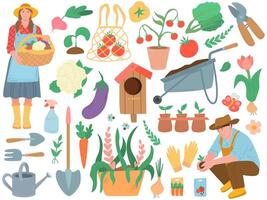 söt vår uppsättning av grönsaker, blommor, verktyg för arbetssätt i de trädgård. skötsel de trädgård. vektor