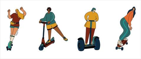 en uppsättning av flickor på personlig transport. flickor rida en skateboard vält skridskor en skoter och elektrisk transport en gyro skoter. aktiva fritid vektor