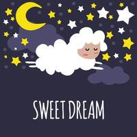 söt får i tecknad serie stil sover mot de bakgrund av de starry himmel och moln. önskar du Bra drömmar. vektor