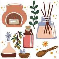 illustration av aromaterapi och grundläggande oljor. rökelse pinnar, ljus och örter. vektor