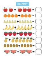 Wie viele Früchte. Zusatz Aktivität Arbeitsblätter zum Vorschule und Kindergarten Kinder. lehrreich Spiel. Mathematik Zentren vektor