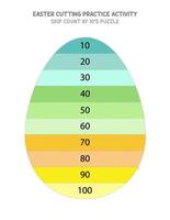 påsk ägg skärande öva arbetsblad. hoppa räkna förbi 10-talet pussel för dagis ungar. pedagogisk spel för barn. tal kalkylblad vektor